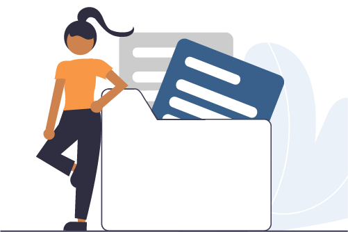 Illustration of person standing next to a folder filled with paper files.